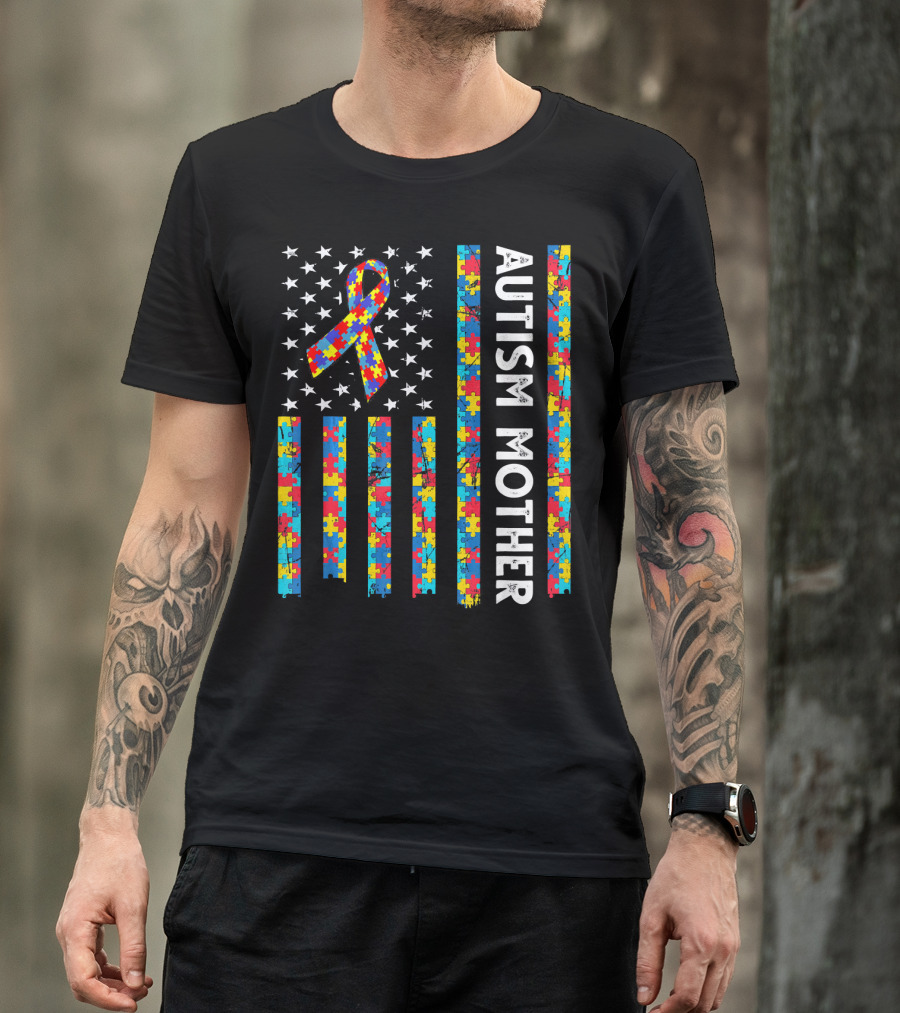 Autism Mother Puzzle Ribbon American Flag Awareness T-Shirt