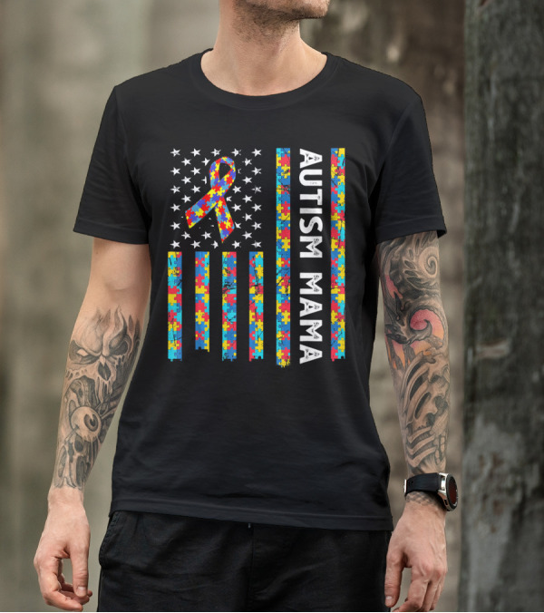 Autism Awareness Mama American Flag Puzzle T-Shirt