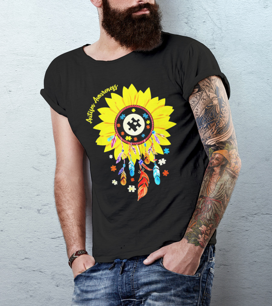 Autism Awareness Dream Catcher Sunflower With Puzzle Pieces T-Shirt