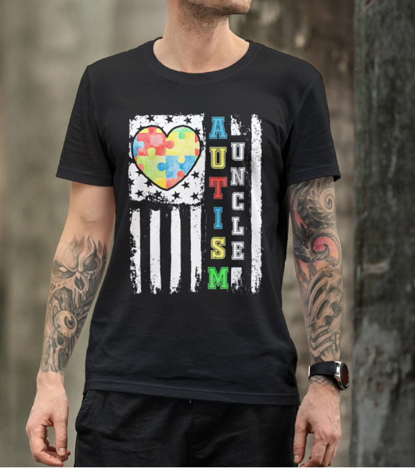 Autism Uncle US Flag Puzzle Heart T-Shirt