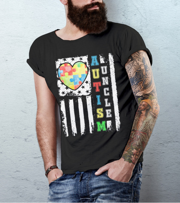 Autism Uncle US Flag Puzzle Heart T-Shirt