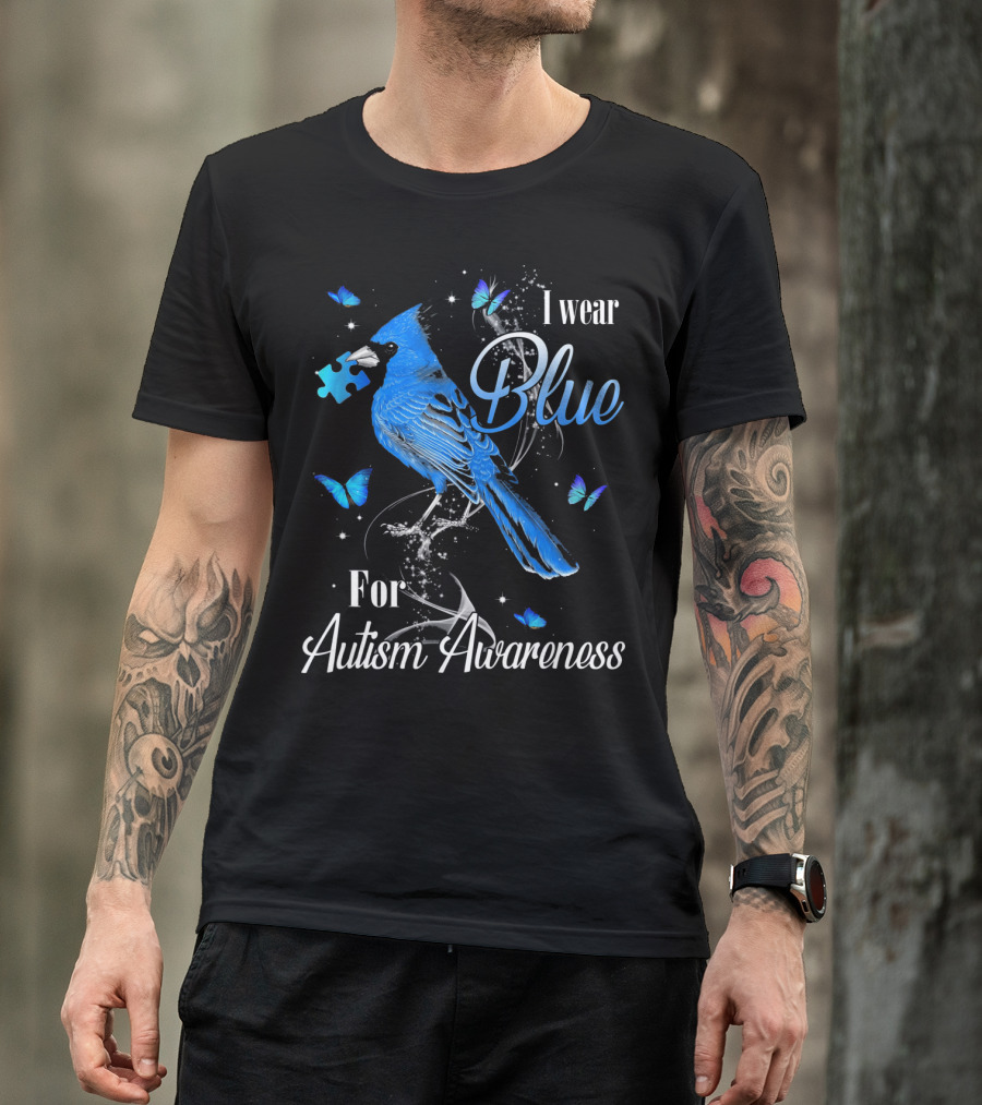 I Wear Blue For Autism Awareness Cardinal Bird Puzzle Piece Butterfly T-Shirt