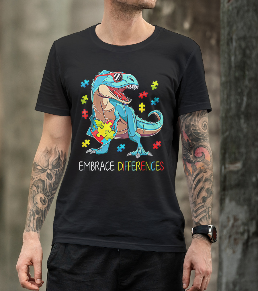 Embrace Differences Autism Awareness Dinosaur Rex Puzzle T-Shirt