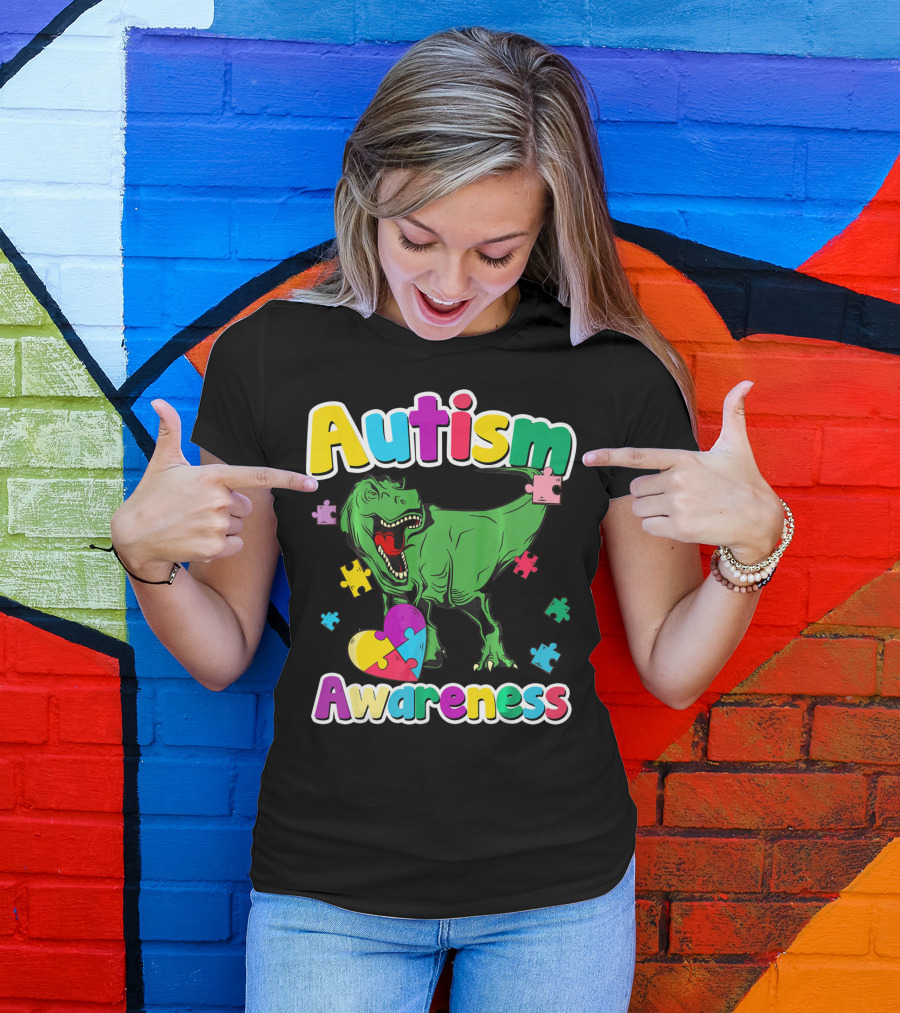 Autism Awareness Colorful Puzzle Tyrannosaurus T-Shirt