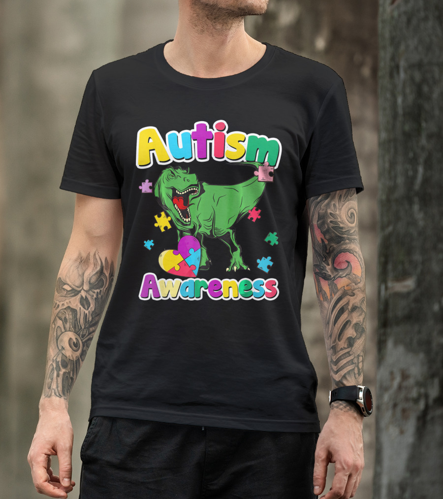 Autism Awareness Colorful Puzzle Tyrannosaurus T-Shirt