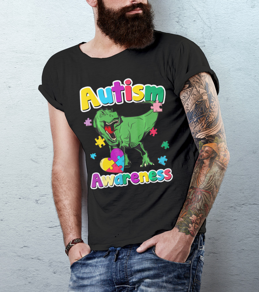 Autism Awareness Colorful Puzzle Tyrannosaurus T-Shirt