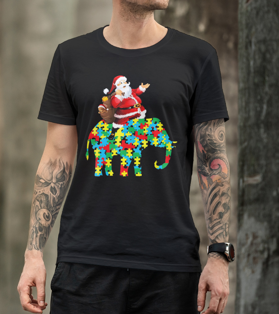 Santa Claus Riding Puzzle Piece Elephant Christmas Autism T-Shirt