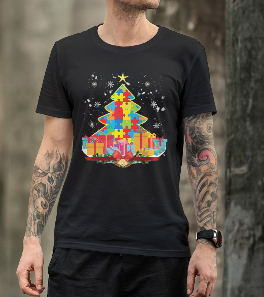 Christmas Tree Puzzle Pieces Autism Awareness T-Shirt