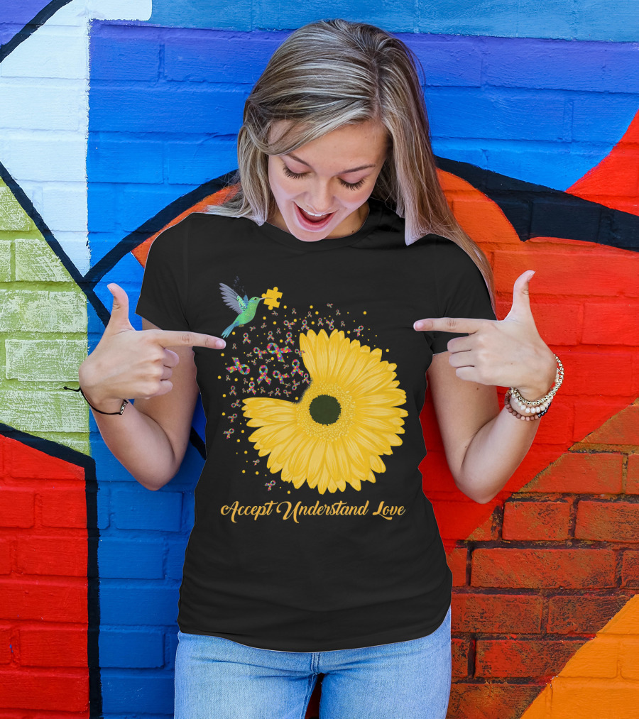 Sunflower Accept Understand Love Puzzle Piece Hummingbird Autism Awareness T-Shirt