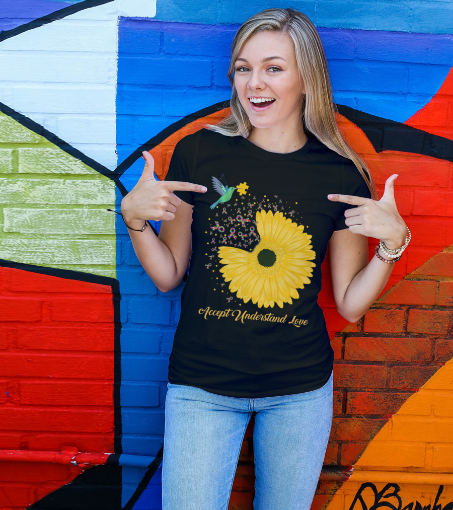 Sunflower Accept Understand Love Puzzle Piece Hummingbird Autism Awareness T-Shirt