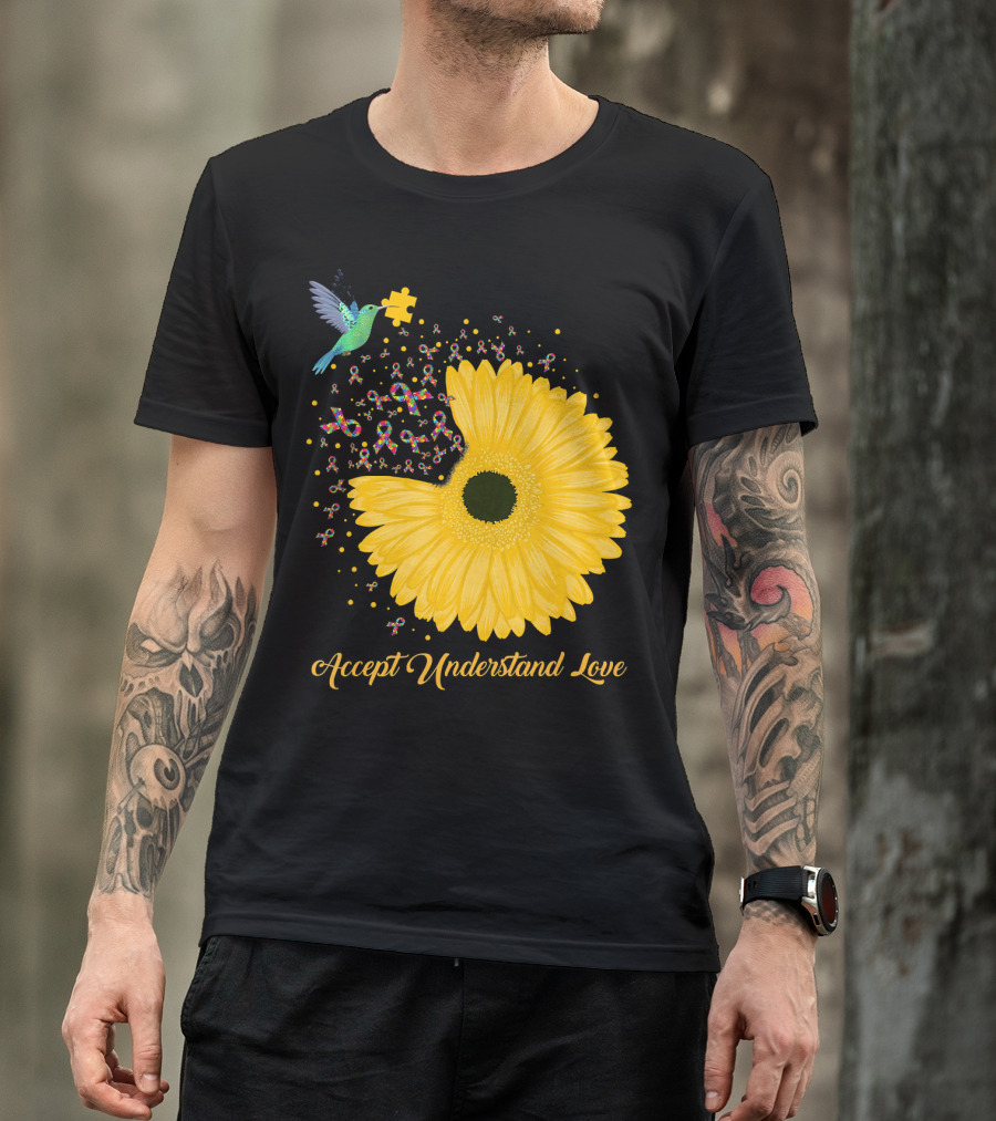 Sunflower Accept Understand Love Puzzle Piece Hummingbird Autism Awareness T-Shirt