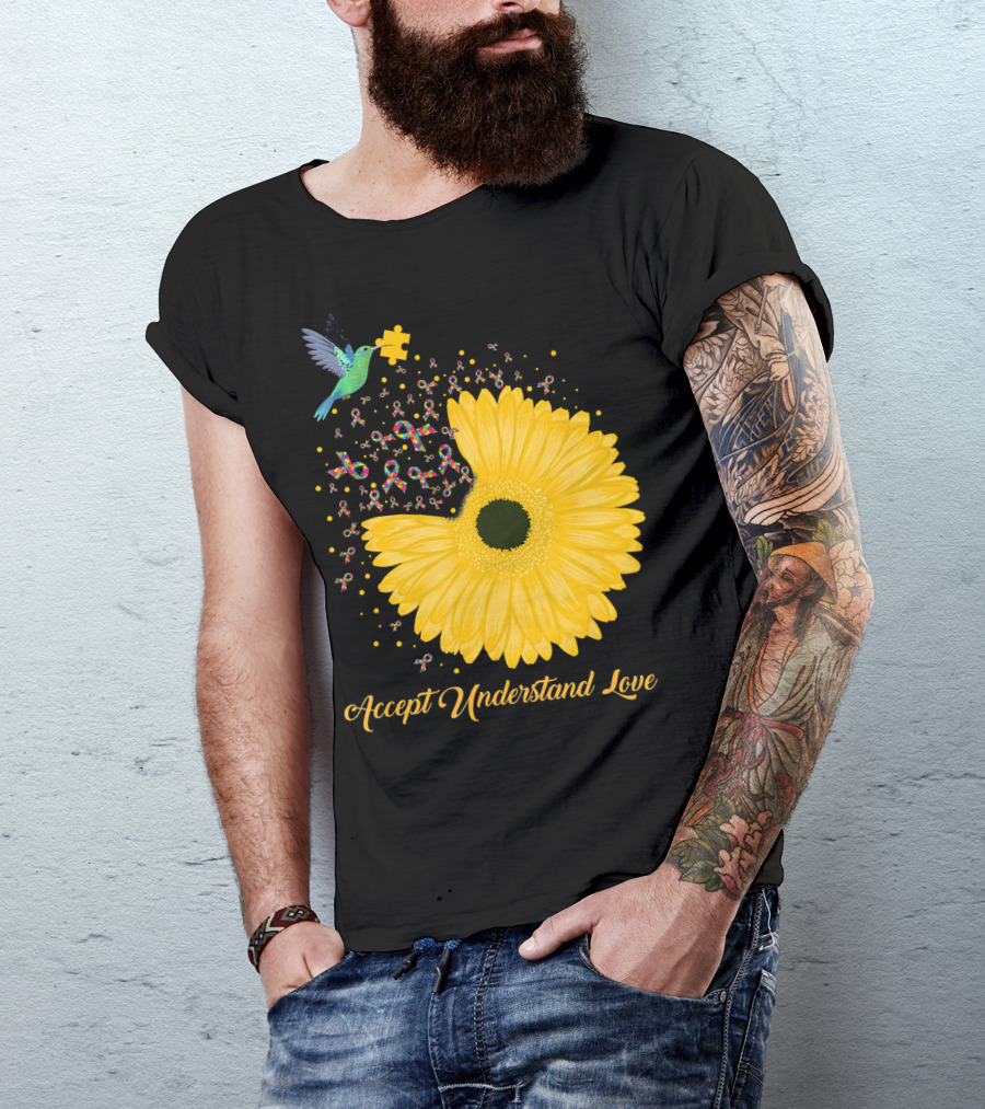 Sunflower Accept Understand Love Puzzle Piece Hummingbird Autism Awareness T-Shirt