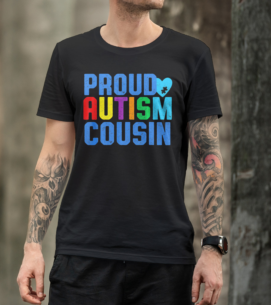 Proud Autism Cousin Family Support Rainbow Puzzle Heart T-Shirt