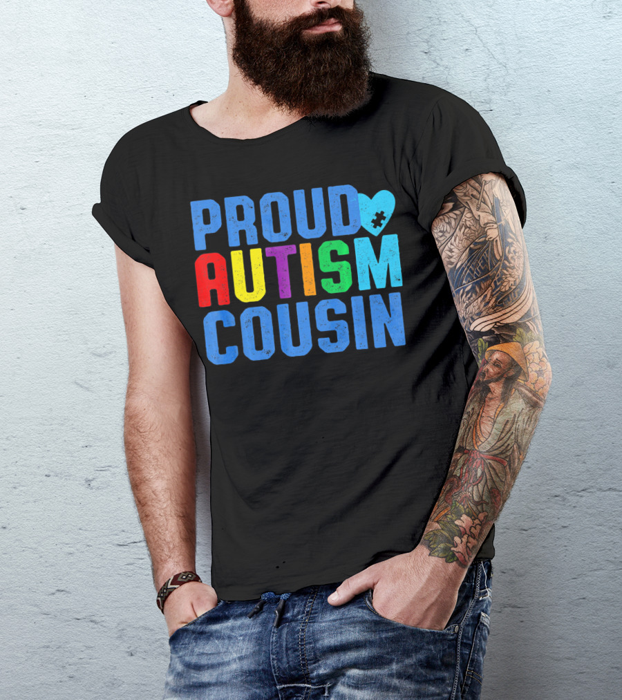 Proud Autism Cousin Family Support Rainbow Puzzle Heart T-Shirt
