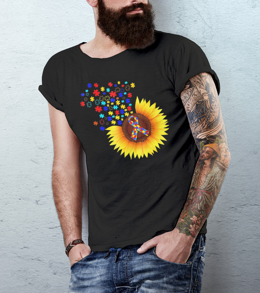 Sunflower Autism Awareness Ribbon With Colorful Puzzle Pieces T-Shirt