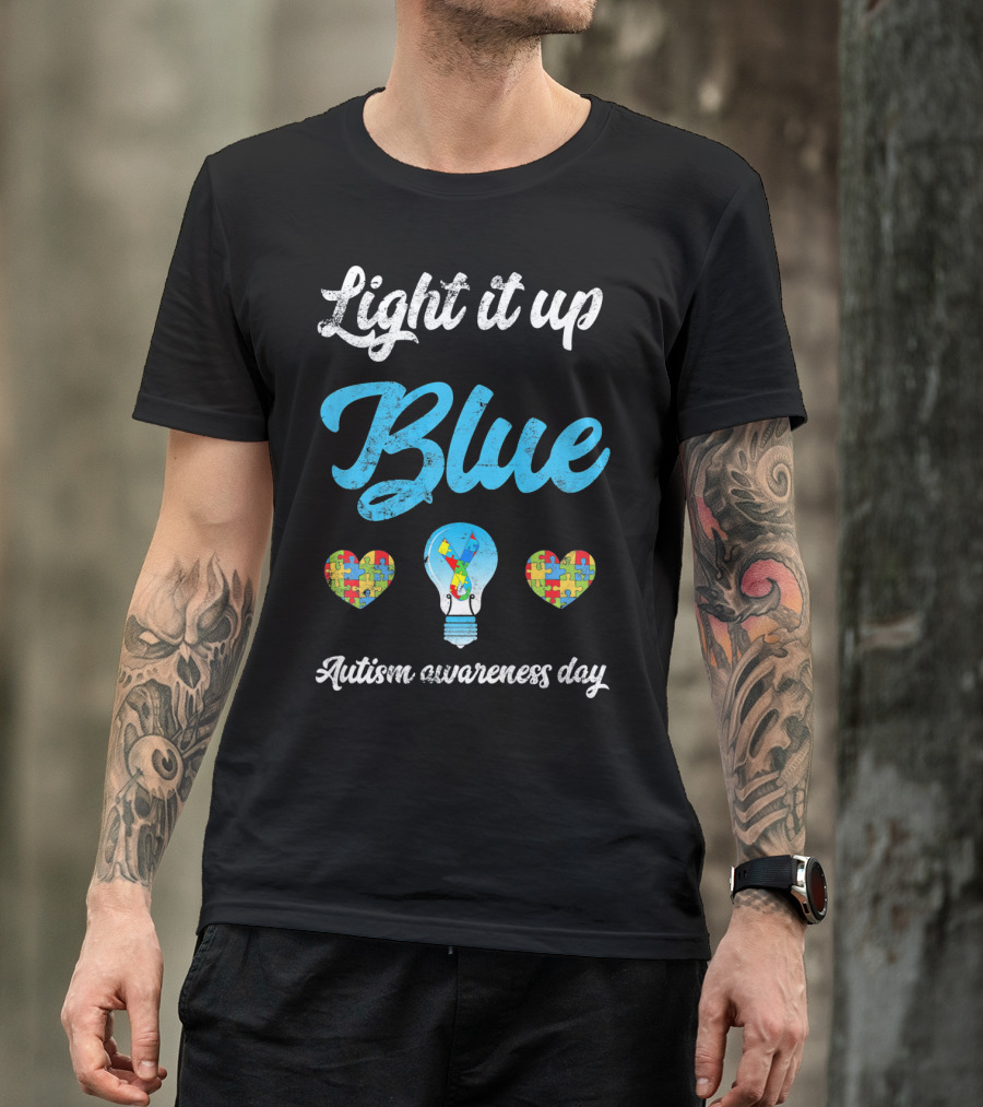 Light It Up Blue Autism Awareness Day Puzzle Hearts Lightbulb T-Shirt