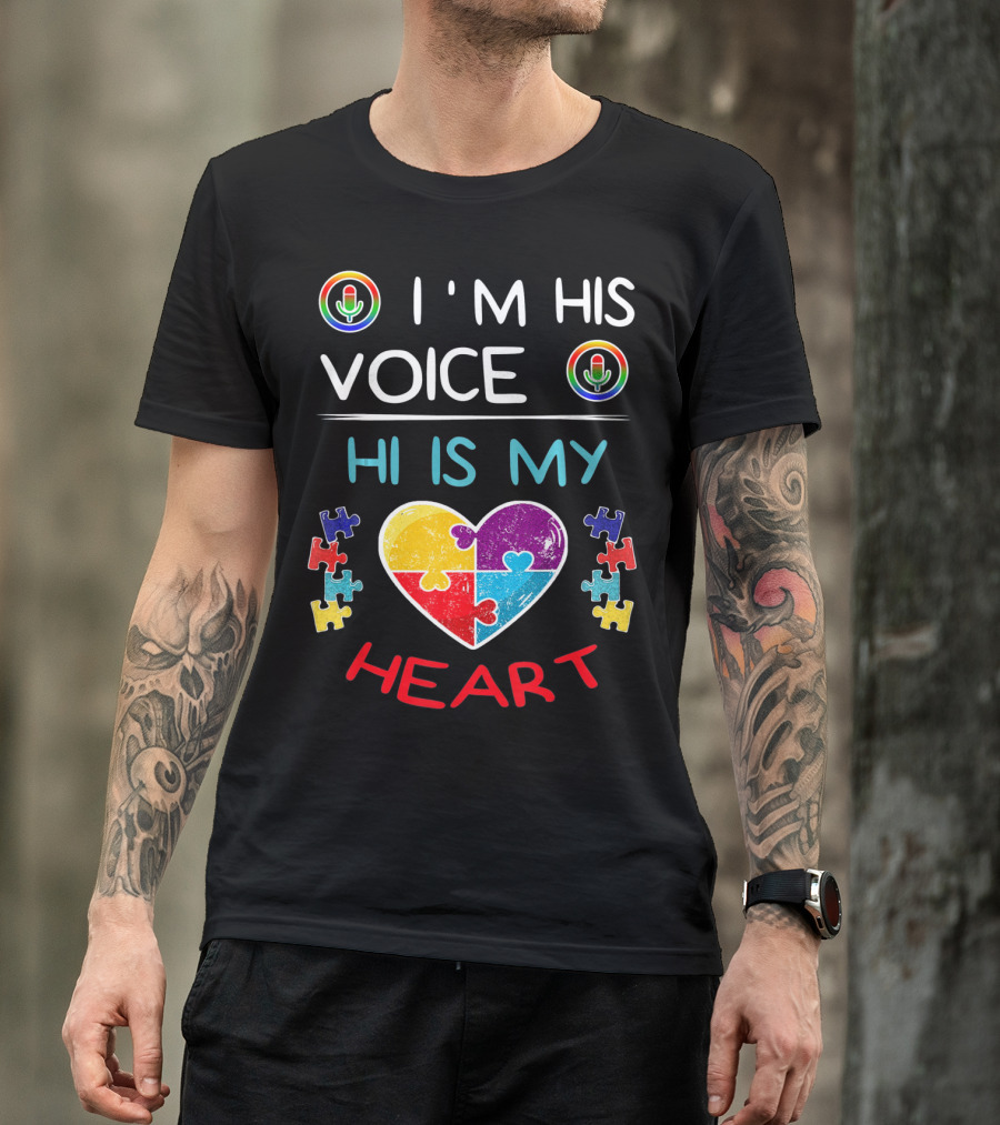 I'M His Voice He Is My Heart Autism Puzzle Heart And Microphone T-Shirt