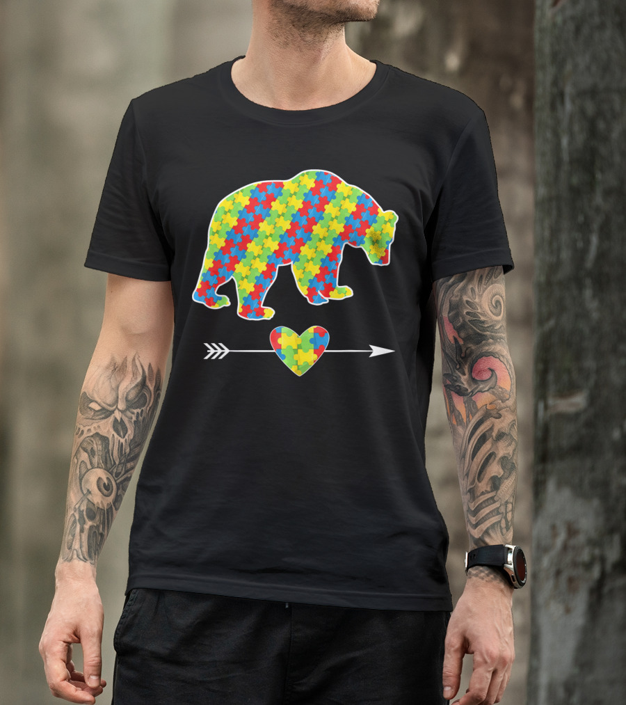 Bear With Puzzle Pieces And Arrow Heart Autism Awareness T-Shirt