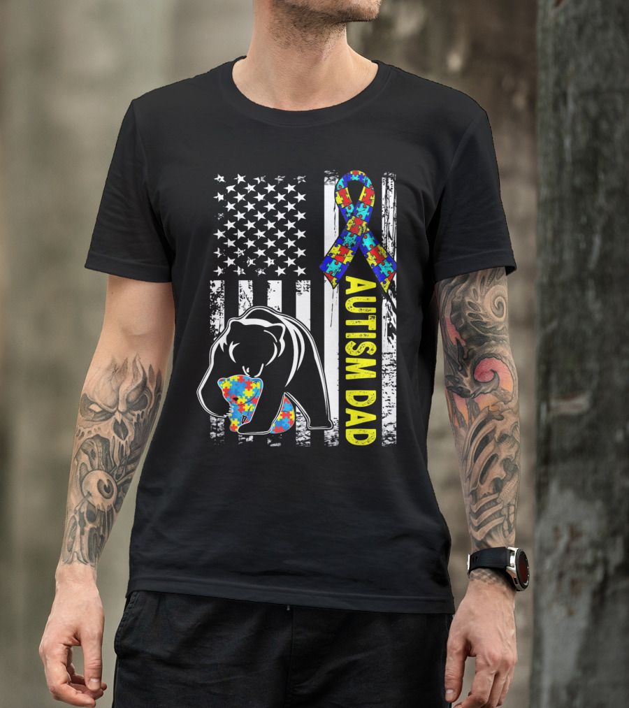 Autism Dad Awareness Bear American Flag Puzzle T-Shirt