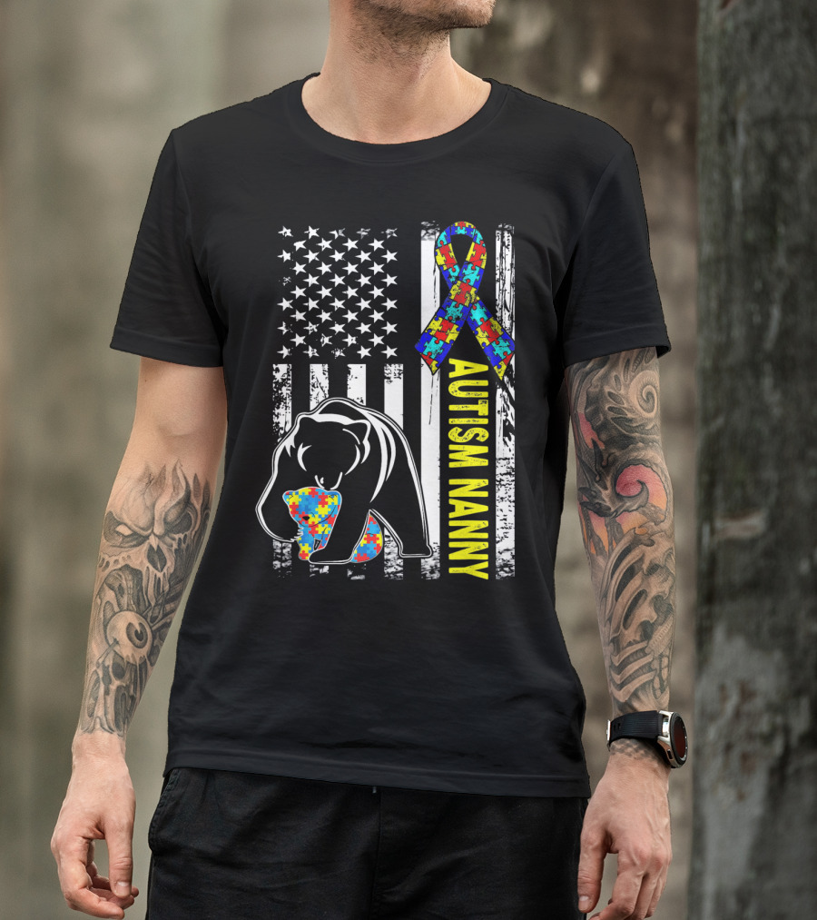 Autism Nanny Puzzle Ribbon Bear American Flag Awareness T-Shirt