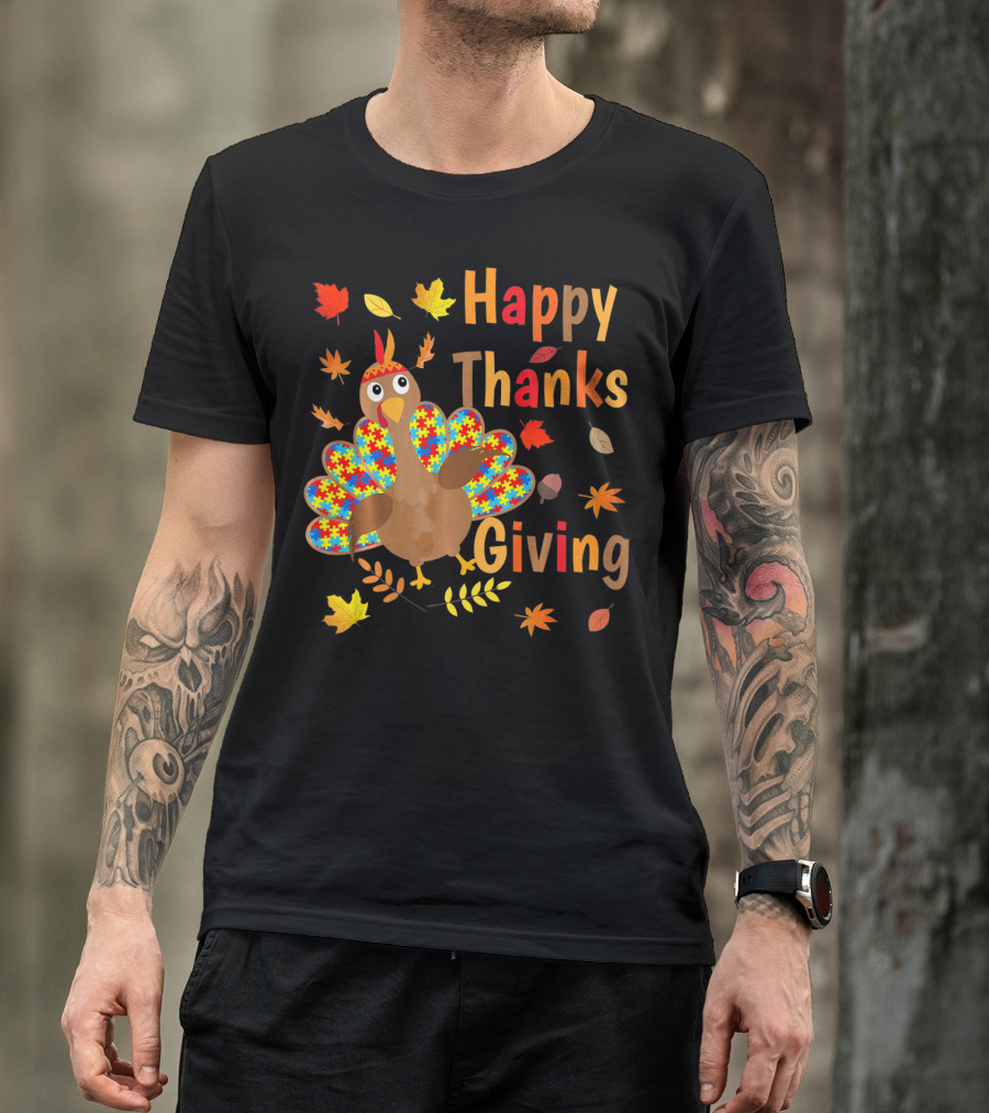 Happy Thanksgiving Turkey Autism Awareness Puzzle Piece Leaves T-Shirt