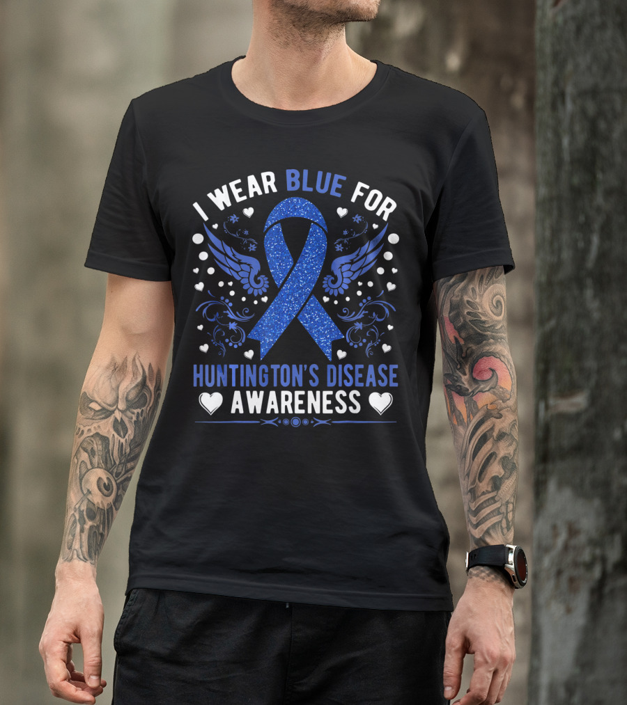 I Wear Blue For Huntington's Disease Awareness Ribbon Wings Hearts T-Shirt