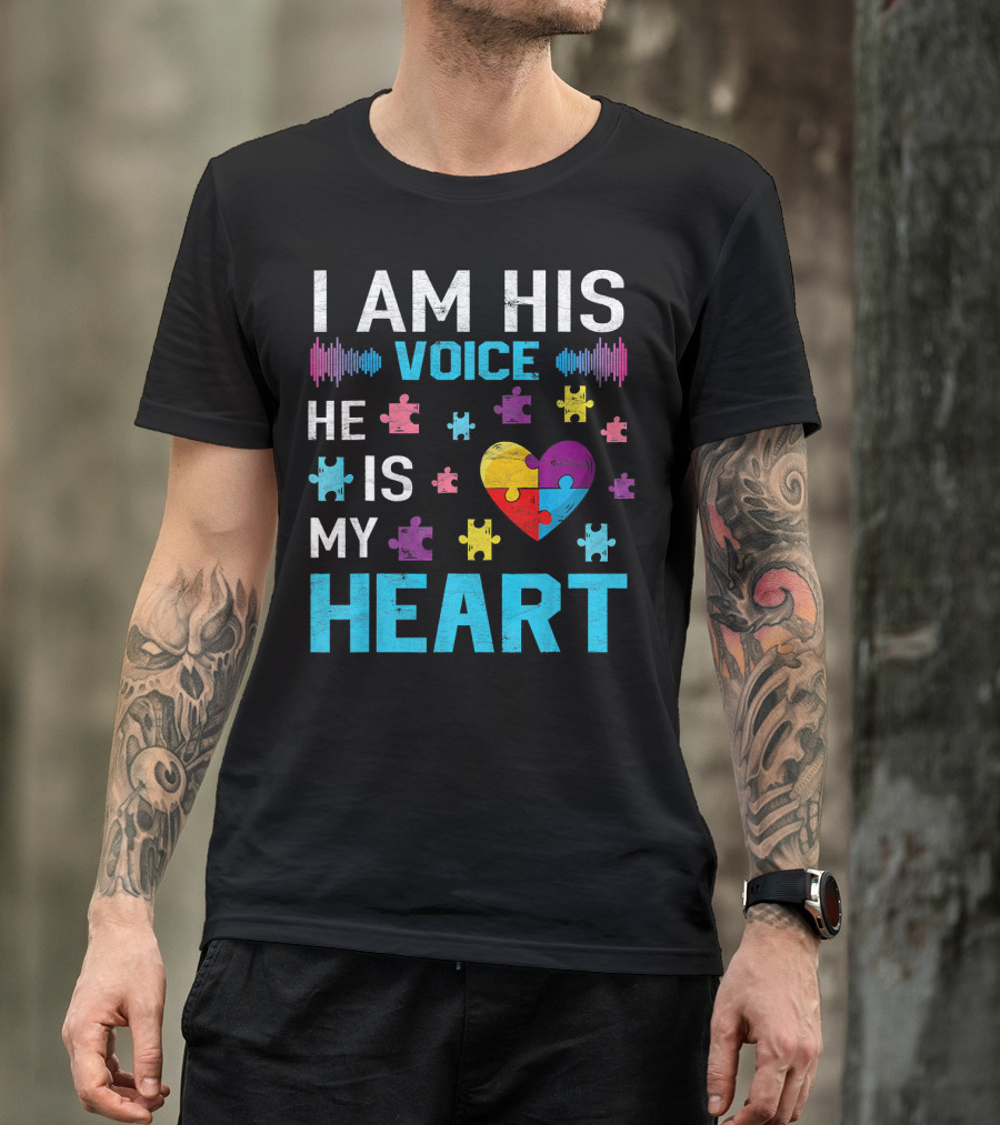 I Am His Voice He Is My Heart Puzzle Heart Autism Awareness T-Shirt
