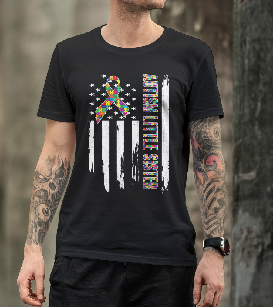 Autism Little Sister Puzzle Ribbon American Flag T-Shirt