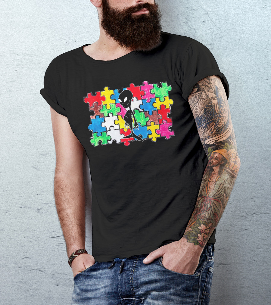 Alien UFO Autism Awareness Puzzle Piece T-Shirt