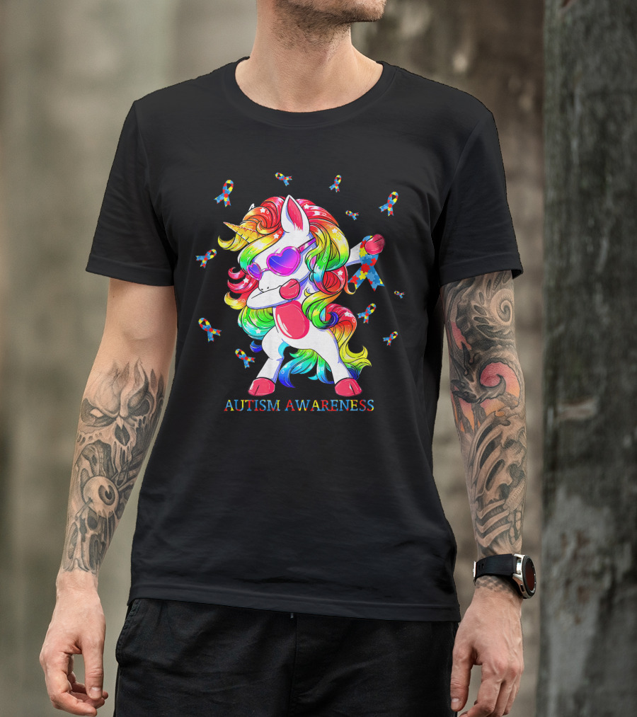 Autism Awareness Dabbing Unicorn Puzzle Ribbon T-Shirt