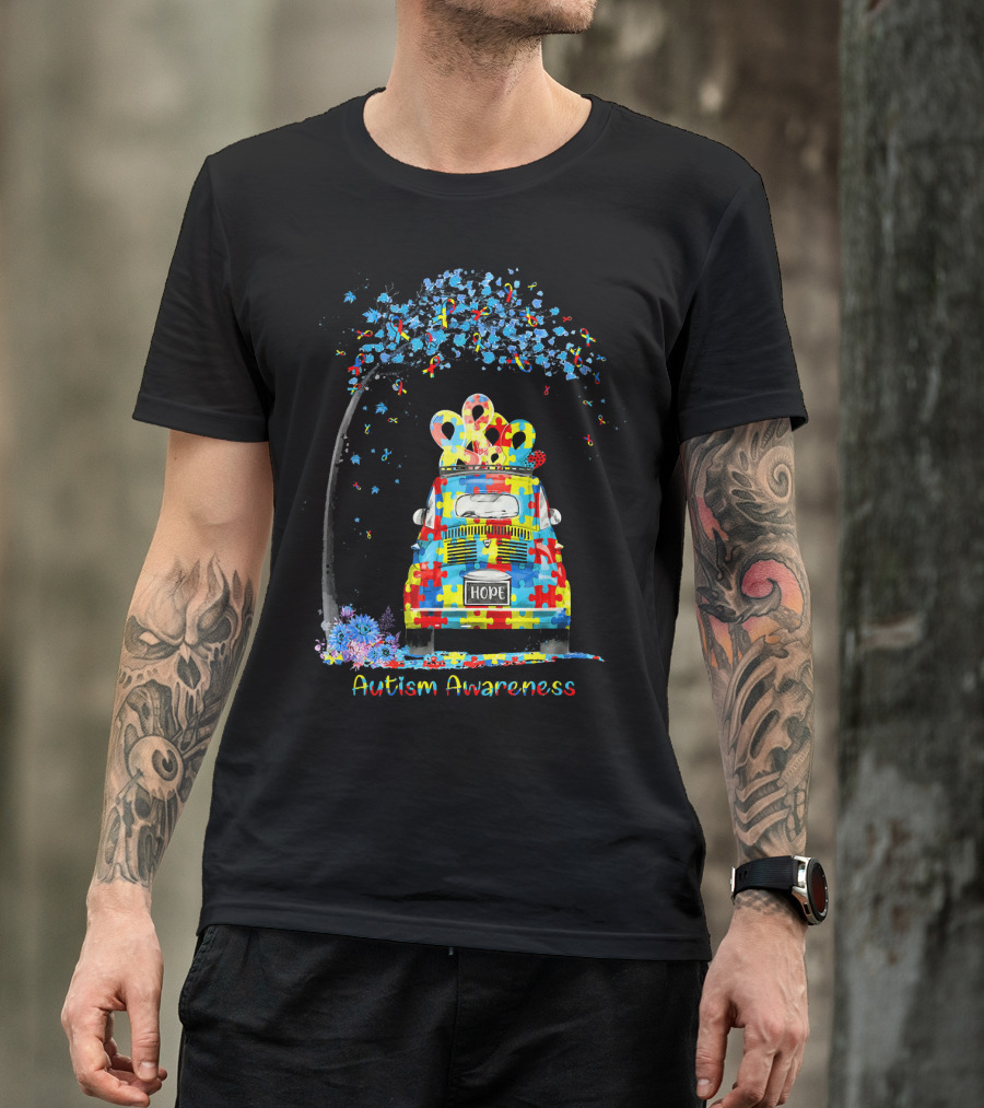 HOPE Hippie Van Puzzle Pieces Ribbon Autism Awareness T-Shirt