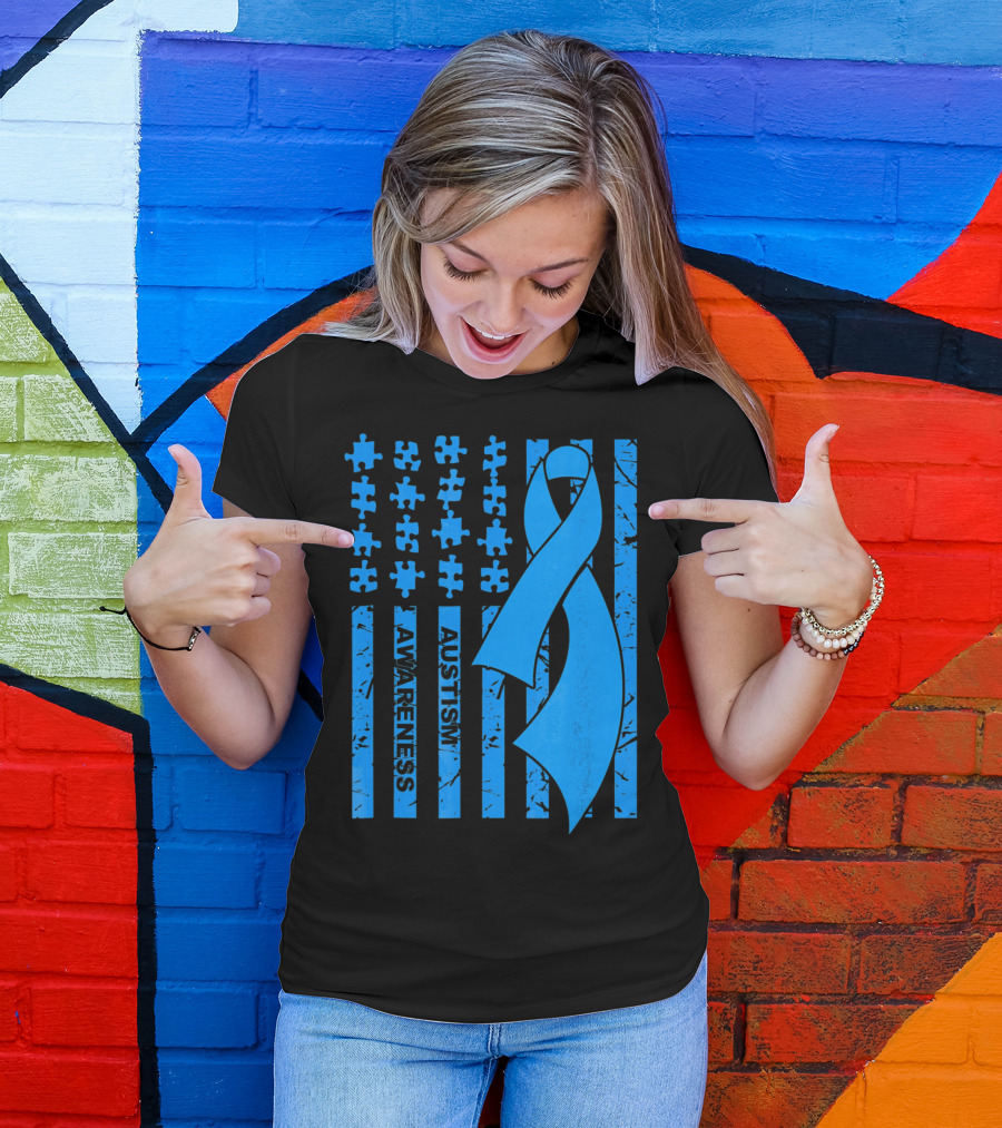 Autism Awareness Flag With Puzzle Pieces And Blue T-Shirt