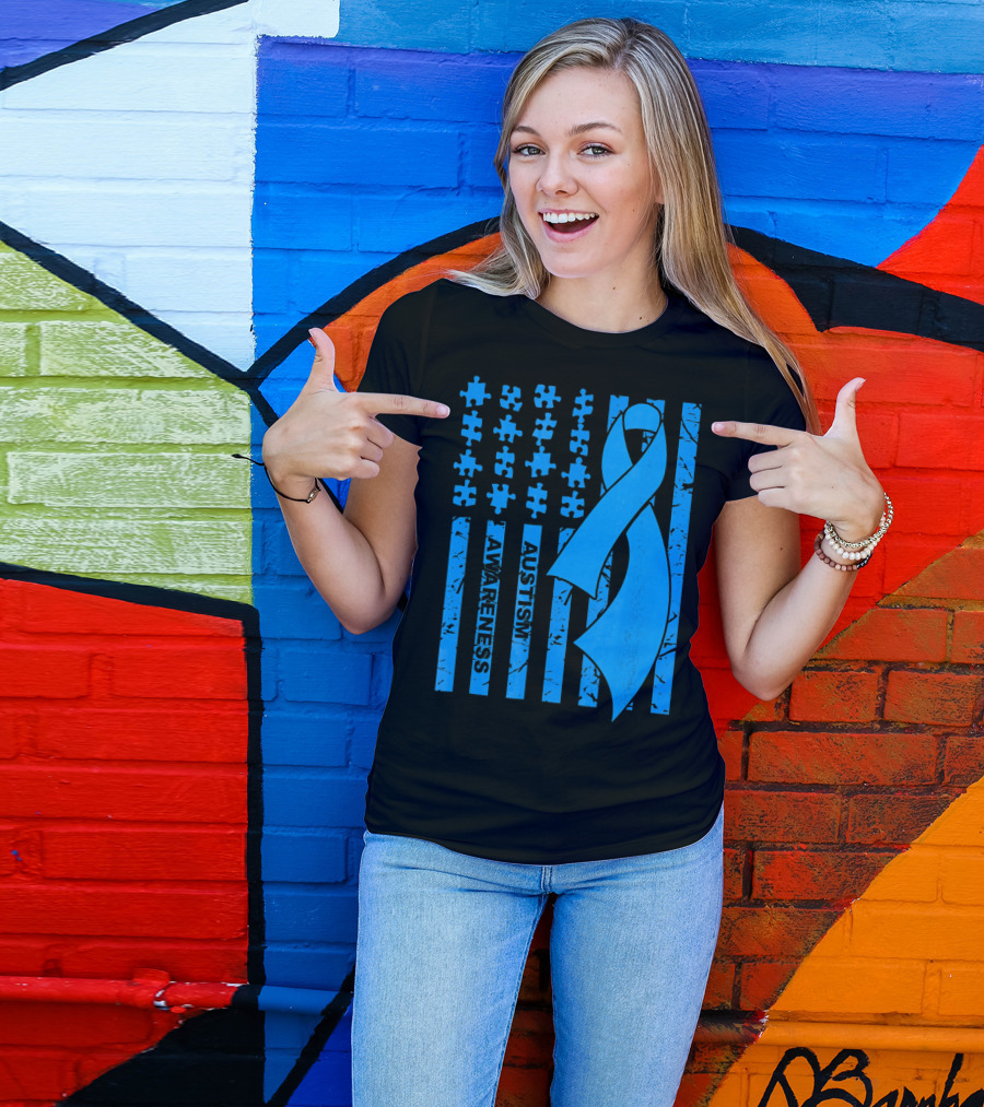 Autism Awareness Flag With Puzzle Pieces And Blue T-Shirt