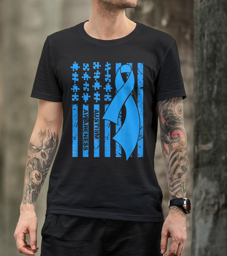 Autism Awareness Flag With Puzzle Pieces And Blue T-Shirt
