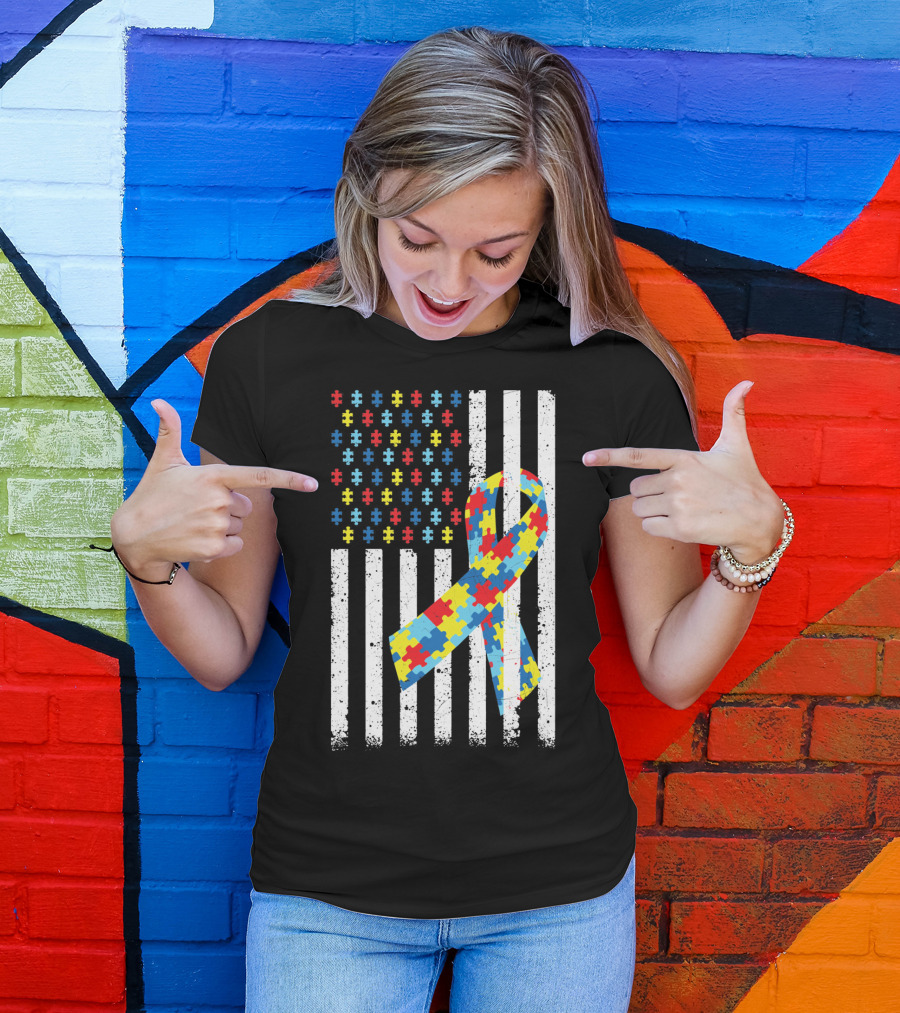 American Flag Puzzle Ribbon Autism Awareness T-Shirt