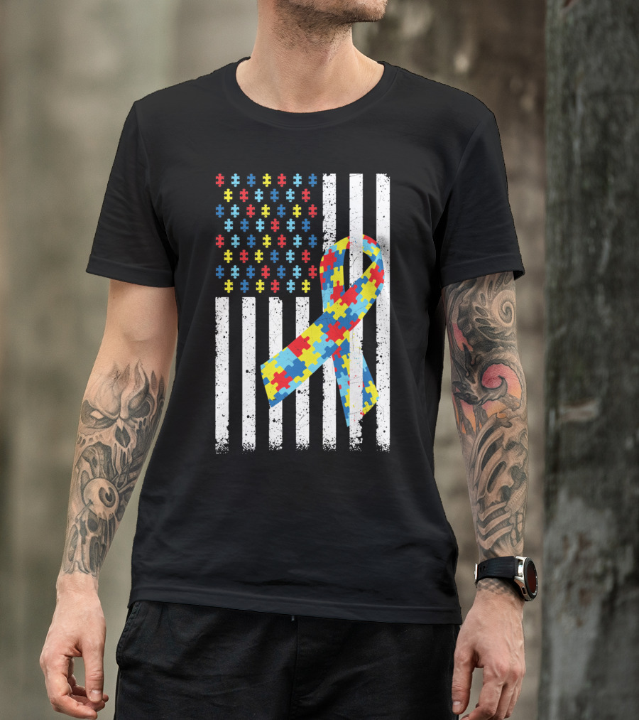 American Flag Puzzle Ribbon Autism Awareness T-Shirt