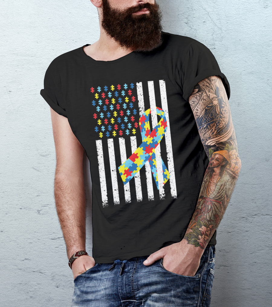 American Flag Puzzle Ribbon Autism Awareness T-Shirt