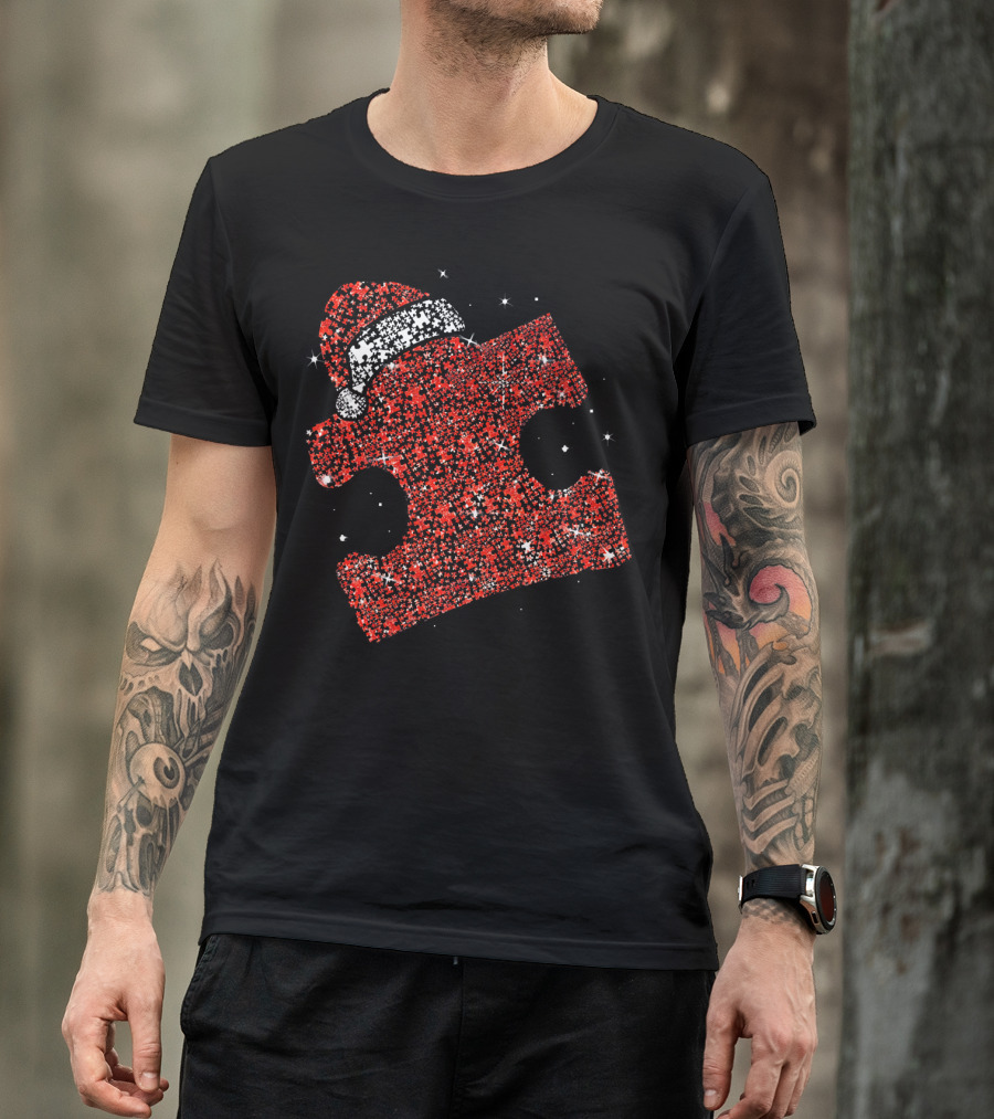 Autism Awareness Xmas Christmas Puzzle Piece With Santa Hat T-Shirt