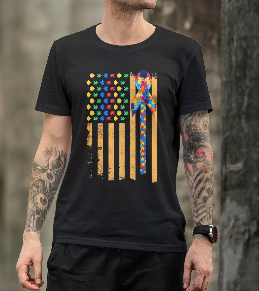 Autism Awareness Day American Flag Puzzle Ribbon T-Shirt