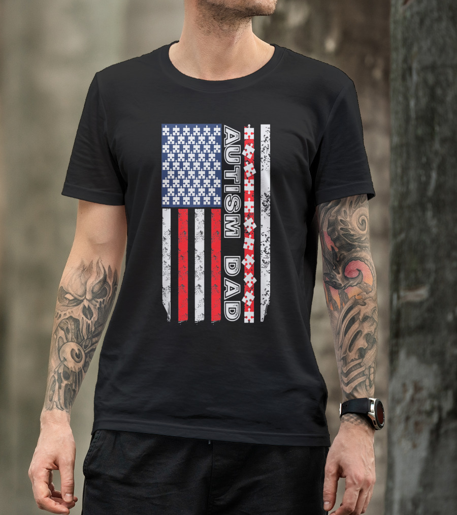 Mens Autism Dad American Flag Puzzle Piece Awareness T-Shirt