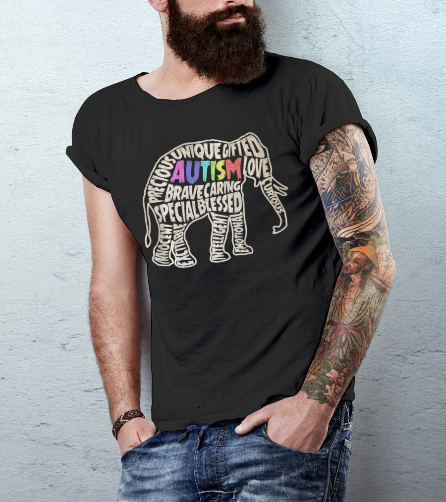 Autism Awareness Elephant Unique Gifted Precious Love Curious Special Blessed Courage Brave Caring T-Shirt
