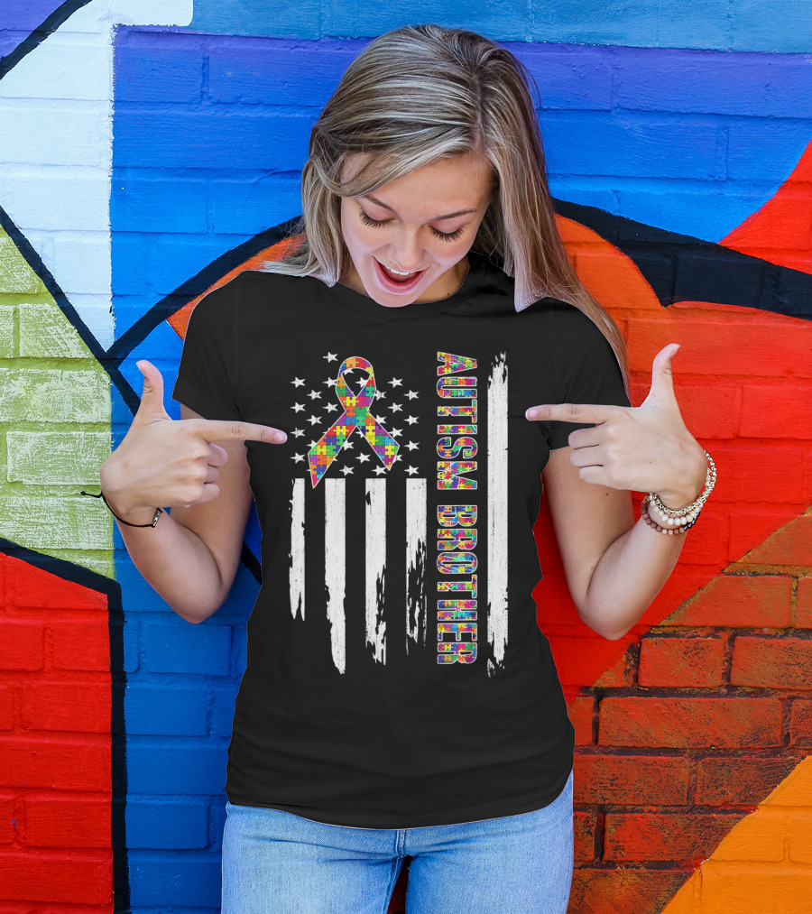 Autism Brother American Flag Puzzle Ribbon Stars Stripes T-Shirt