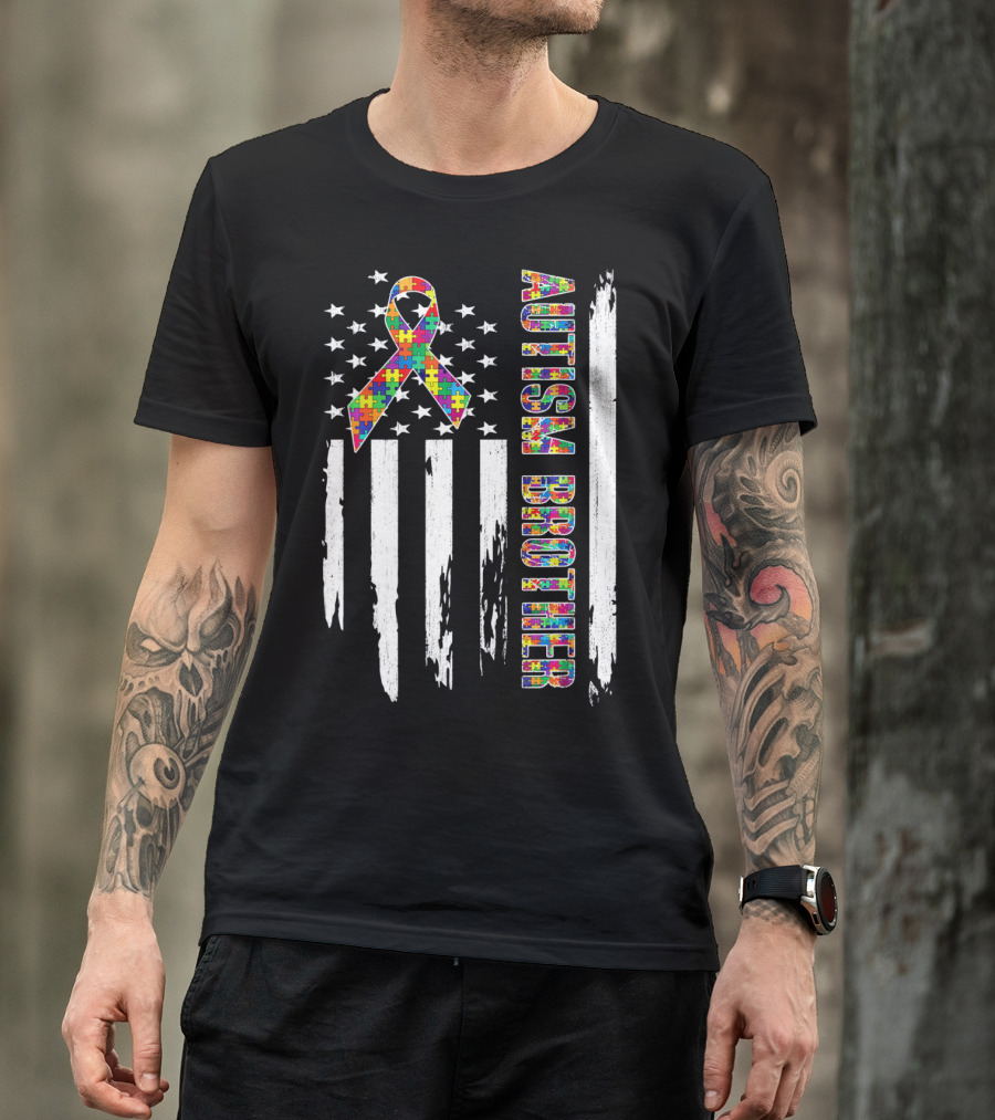 Autism Brother American Flag Puzzle Ribbon Stars Stripes T-Shirt
