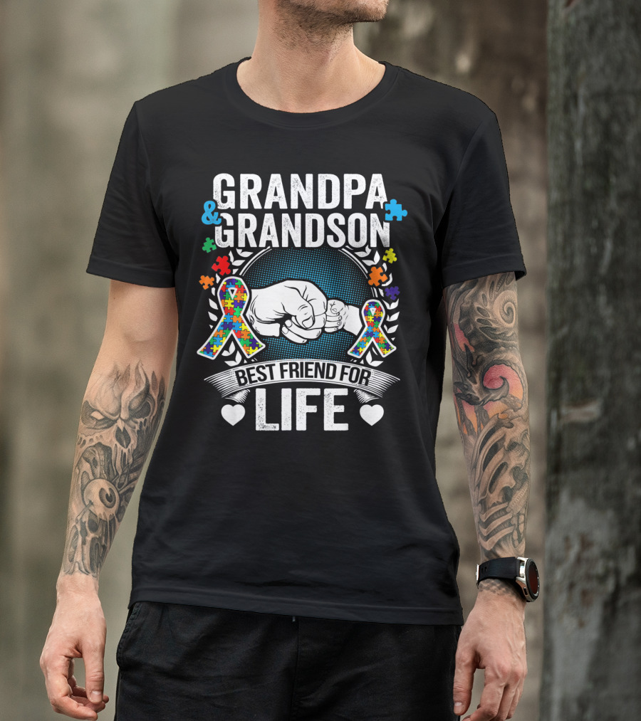 Grandpa And Grandson Best Friend For Life Autism Awareness Fist Bump Puzzle T-Shirt