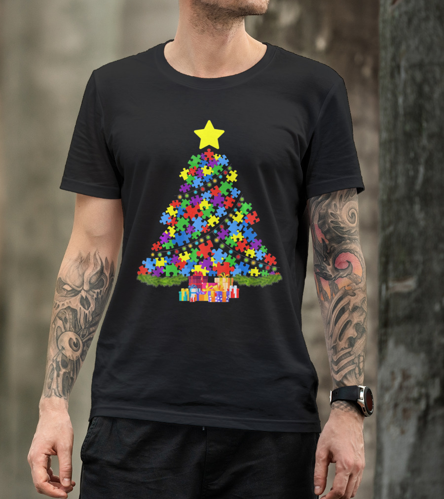 Autism Puzzle Piece Christmas Tree With Gifts And Star T-Shirt
