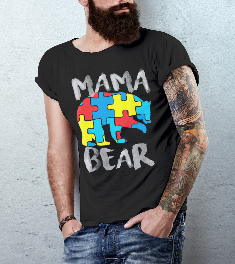 Mama Bear Autism Awareness Puzzle Piece Love Support T-Shirt