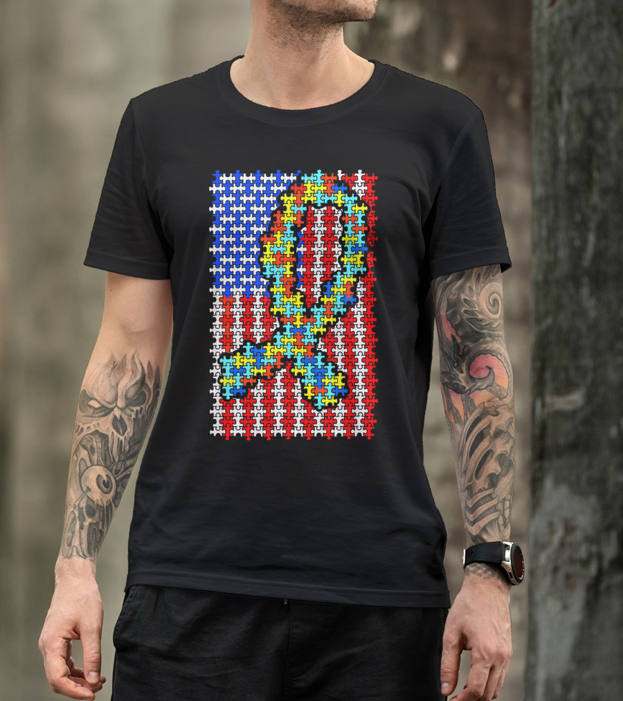 Autism Awareness Puzzle Ribbon US Flag Disability T-Shirt