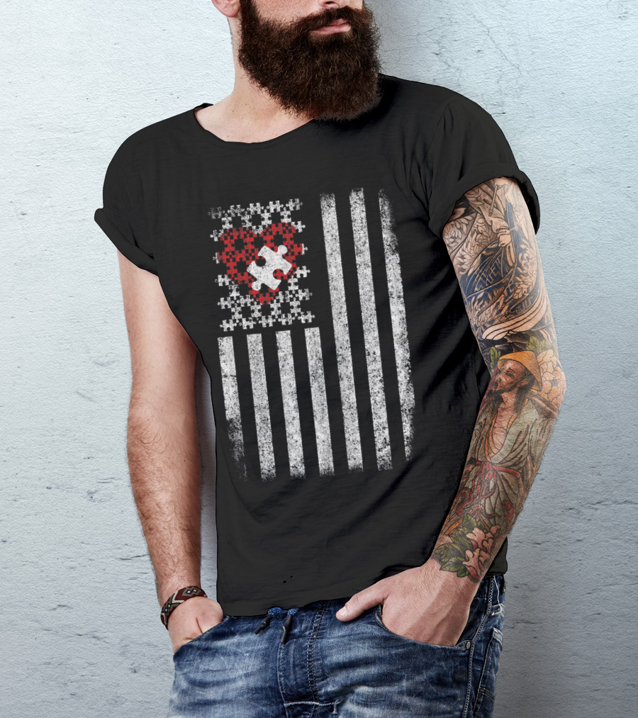 Autism Awareness American Flag Red Heart Puzzle Piece T-Shirt