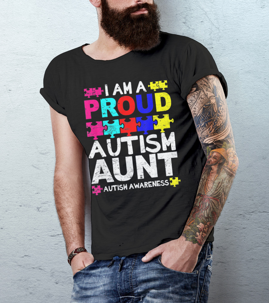 I Am A Proud Autism Aunt Autism Awareness Puzzle Pieces T-Shirt