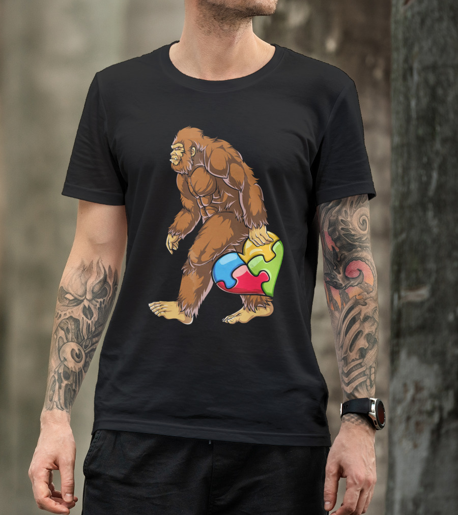 Bigfoot Holding Puzzle Piece Heart Autism Awareness T-Shirt